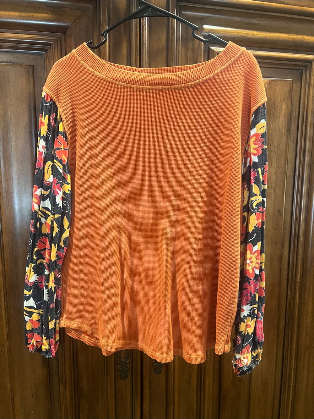 Orange Floral-Sleeve Women's Knit Top